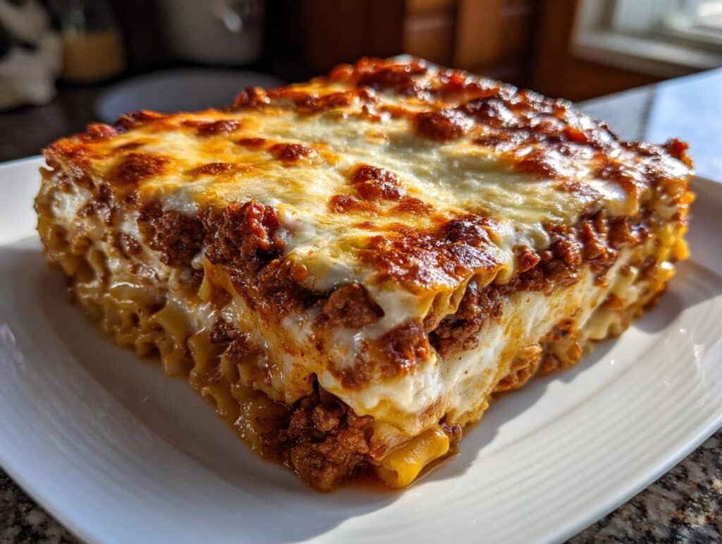 A delicious slice of baked mostaccioli with layers of pasta, meat sauce, and melted cheese on a white plate.