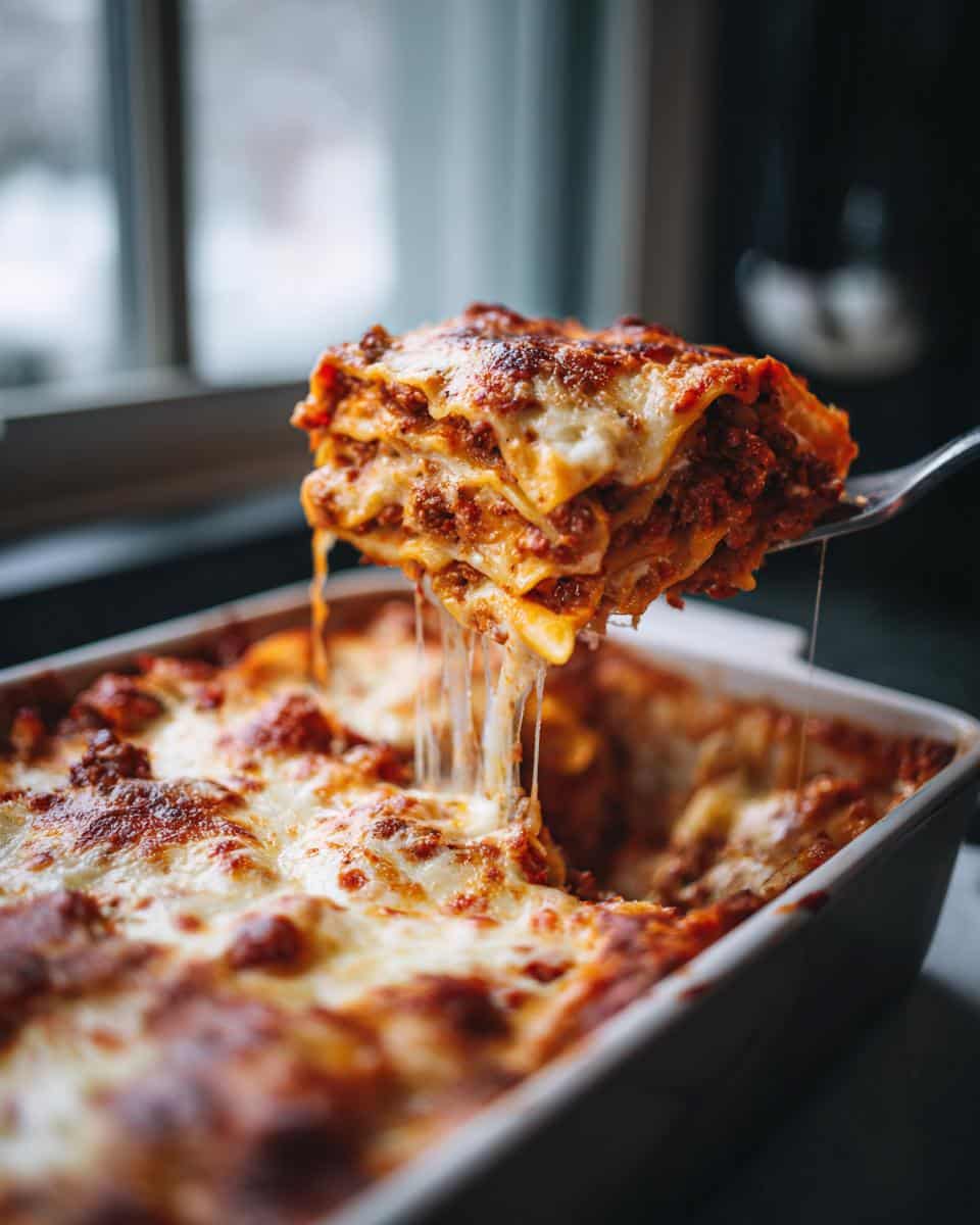 A fork lifts a cheesy slice of baked mostaccioli from a casserole dish, showcasing the layers and cheese pull.