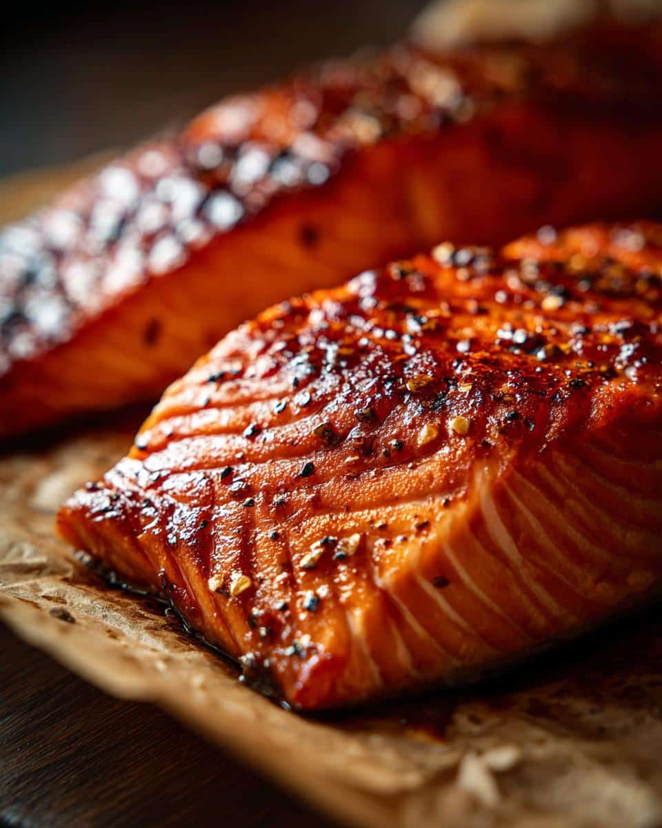 Two fillets of glazed Baked Salmon on parchment paper, seasoned with pepper.