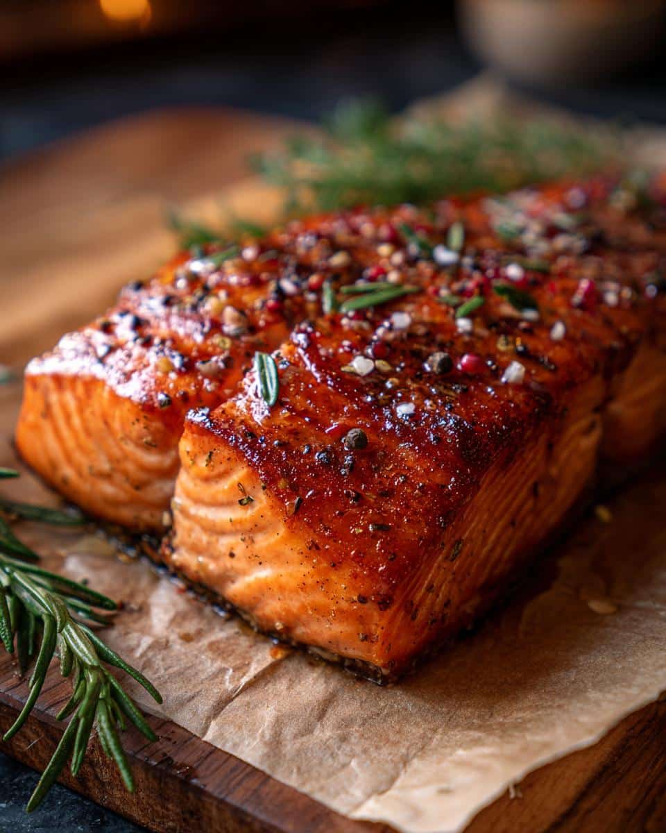Close-up of glazed baked salmon fillet seasoned with herbs and peppercorns on a wooden board.