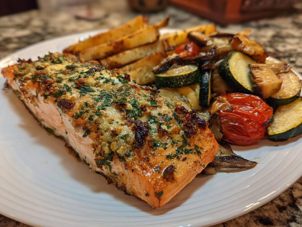 A perfectly cooked piece of Baked Salmon served with roasted potatoes, zucchini, tomatoes, and mushrooms.