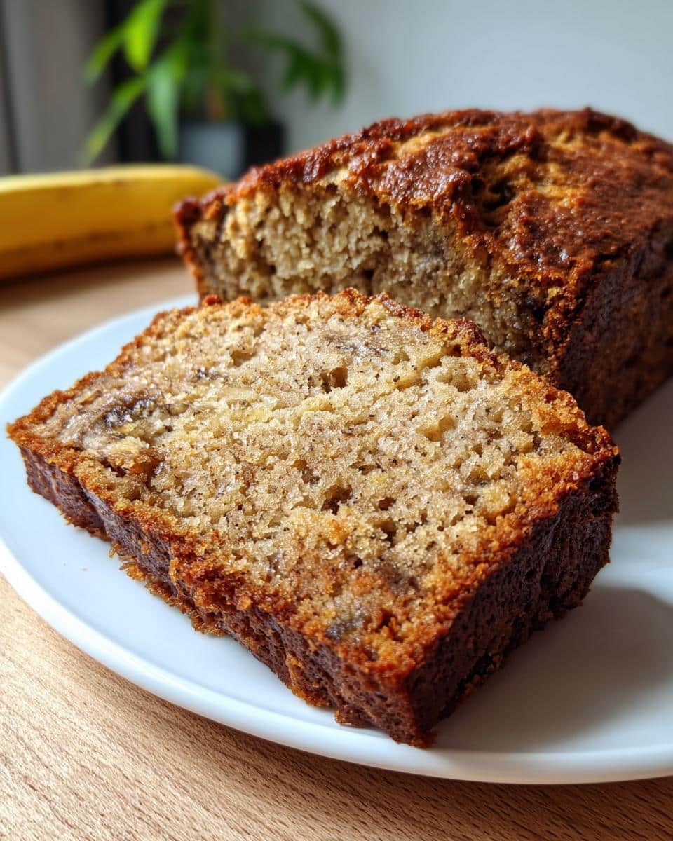A slice of moist banana bread on a white plate, with the rest of the loaf visible in the background.