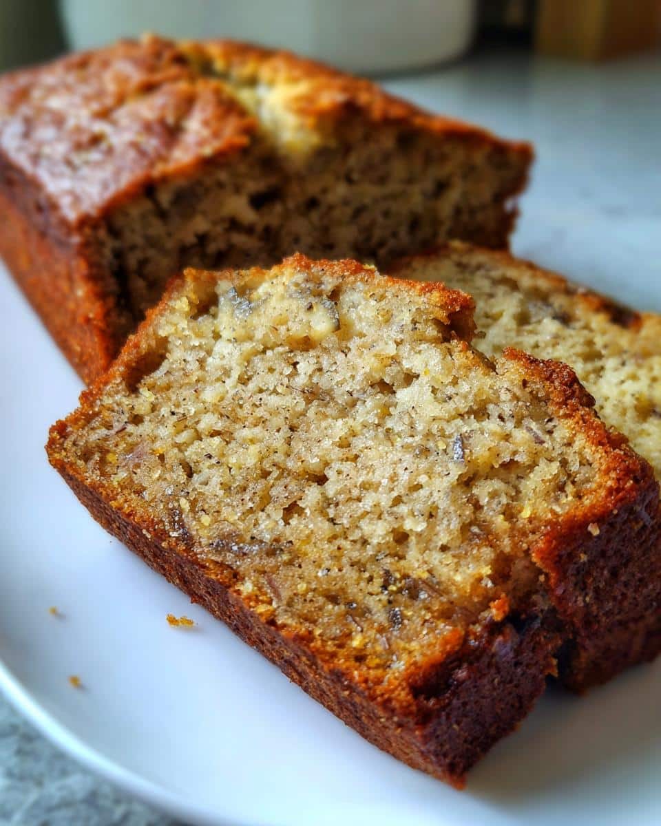 Close-up of sliced banana bread on a white plate, showcasing its moist texture and golden crust.