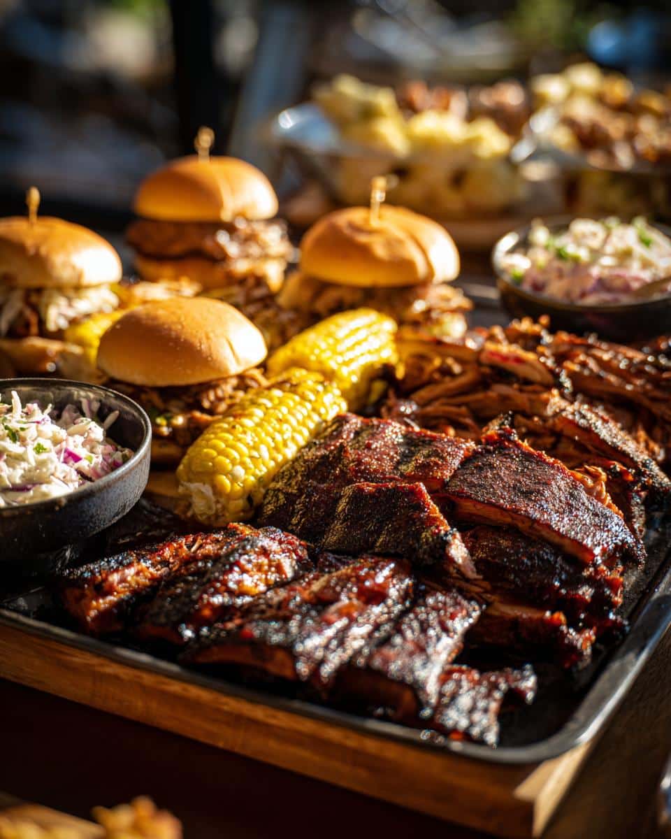 A delicious BBQ platter featuring ribs, pulled pork sliders, corn on the cob, and coleslaw for BBQ baby shower ideas.