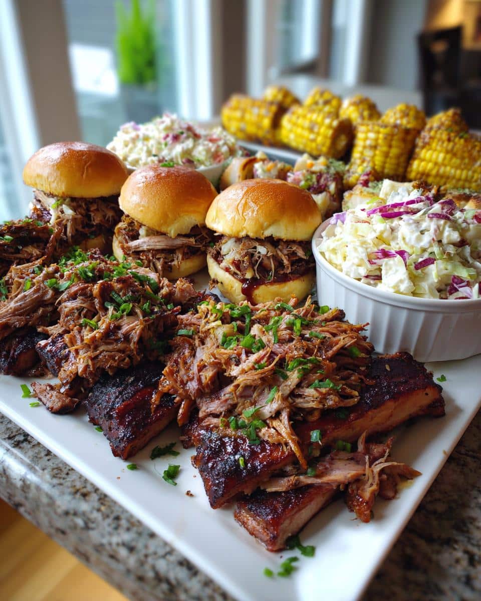 A delicious spread of pulled pork sliders, ribs, corn, and coleslaw for BBQ baby shower ideas.