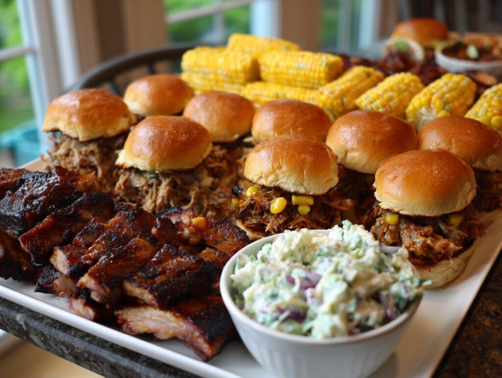 A platter of pulled pork sliders, ribs, corn on the cob, and coleslaw, perfect for BBQ baby shower ideas.