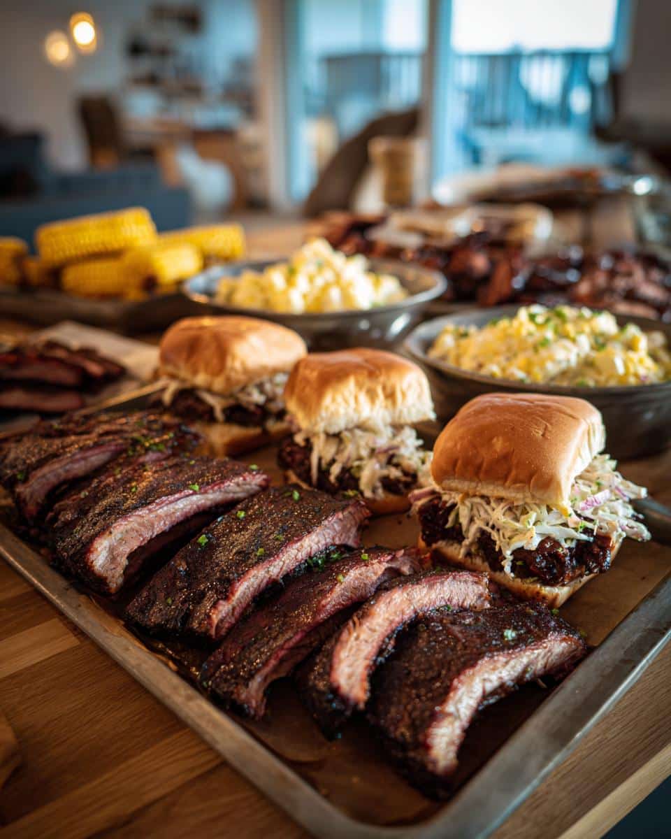 Delicious spread of ribs, BBQ sandwiches, corn, and potato salad, perfect for BBQ baby shower ideas.
