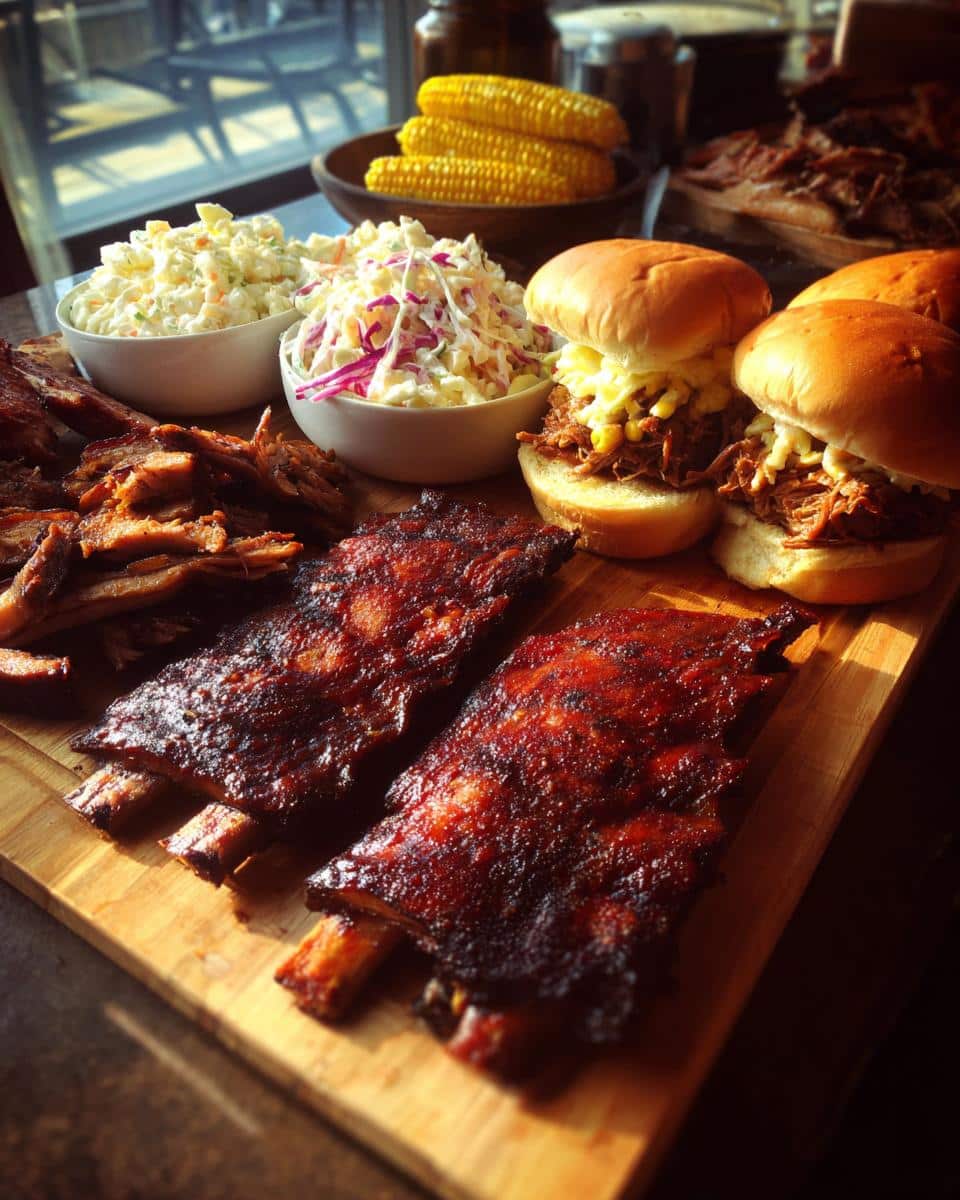 A delicious spread of BBQ ribs, pulled pork sliders, coleslaw, and corn on the cob, perfect for BBQ baby shower ideas.