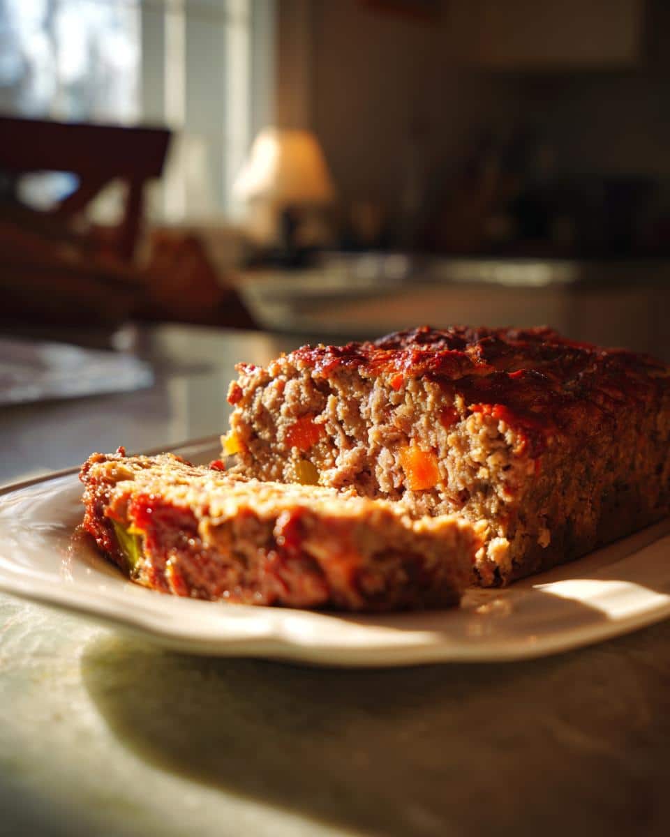 A slice of beef meatloaf with veggies inside, showcasing carrots and other vegetables. Served on a plate.