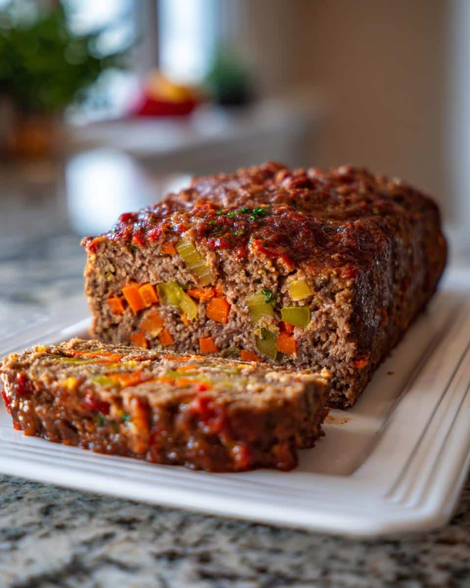 A sliced beef meatloaf with veggies inside, showcasing carrots, celery, and a tomato-based glaze.