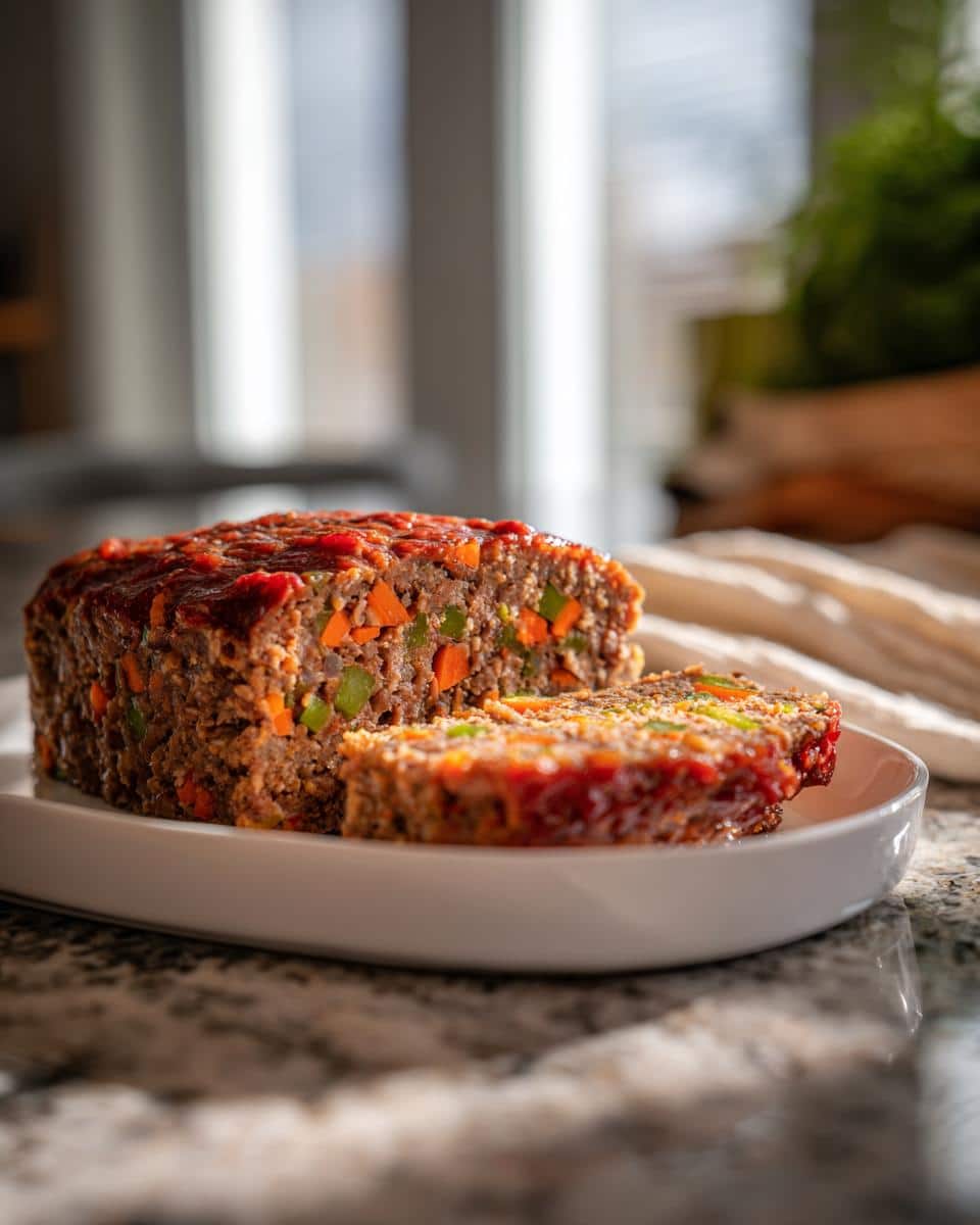 A slice of beef meatloaf with veggies inside, served on a white plate, showcasing carrots and green peppers.