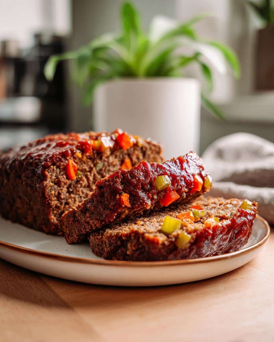 Slices of beef meatloaf with veggies inside, glazed and served on a plate.