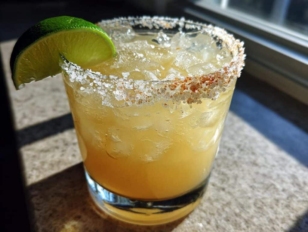 A glass of the best margarita recipe, garnished with a lime wedge and a salted rim.