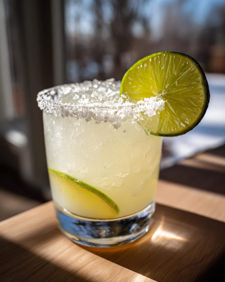 A glass of the best margarita recipe, garnished with a lime wedge and a salted rim, sits on a wooden surface.