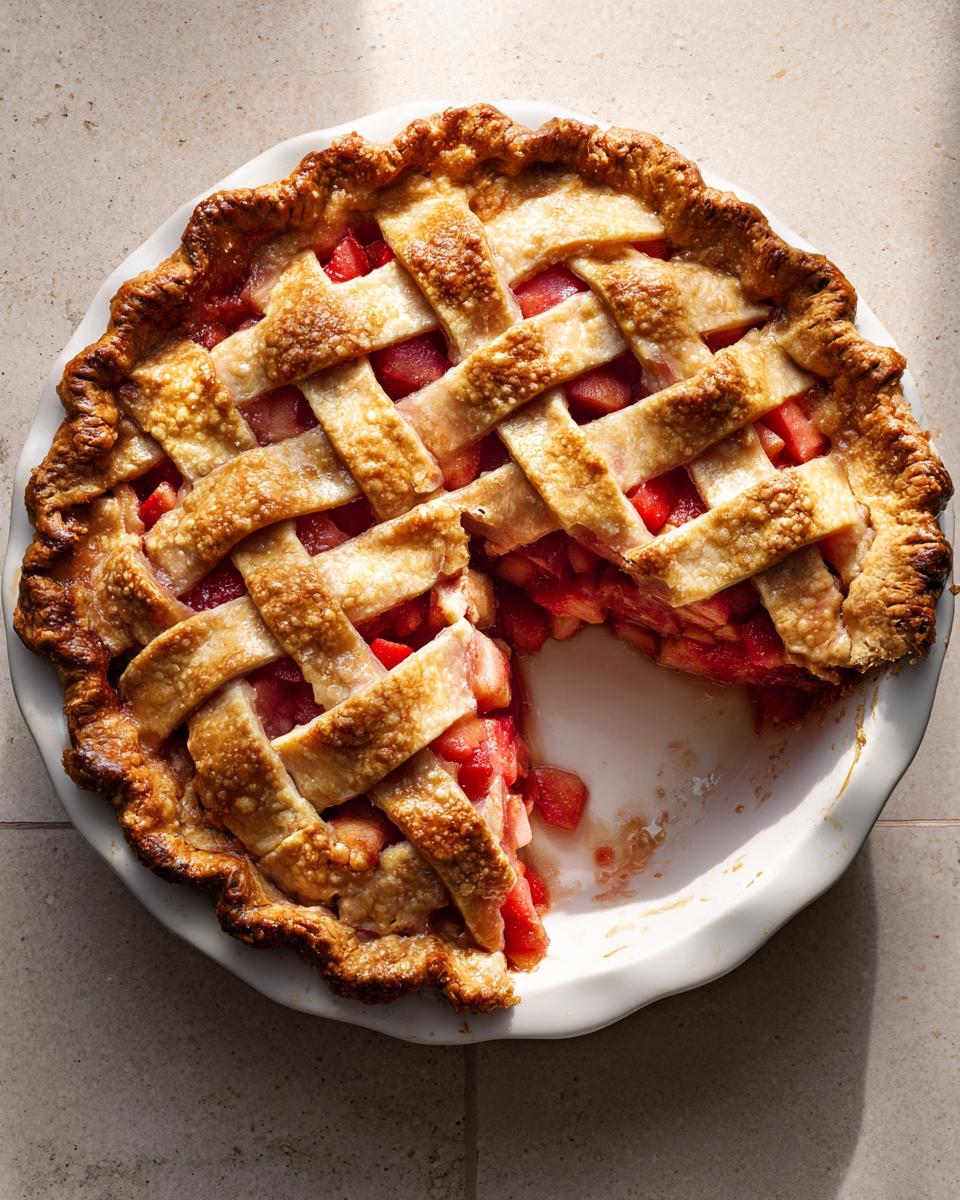 Overhead view of a Betty Crocker rhubarb pie with a lattice crust and a slice removed, showing the filling.