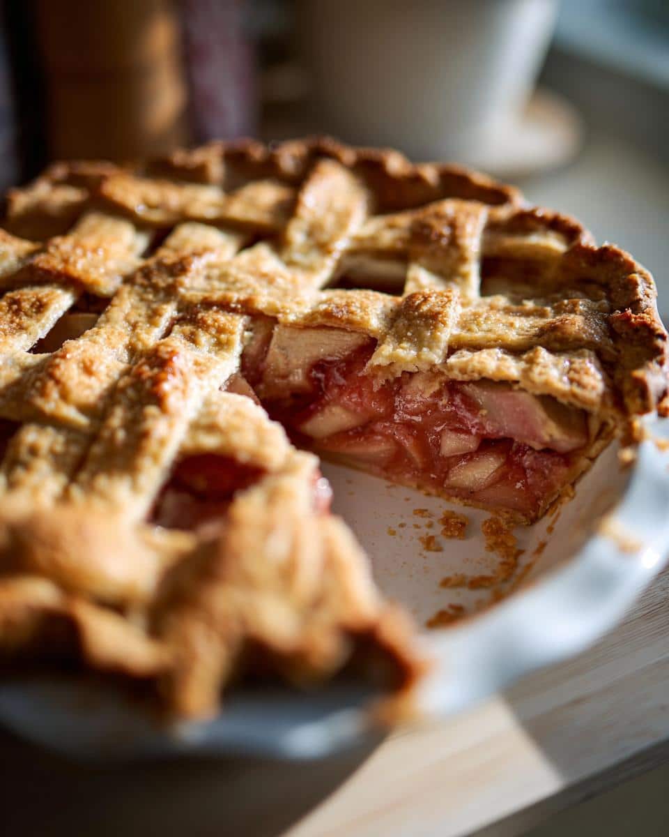 A partially sliced Betty Crocker rhubarb pie with a golden lattice crust sits on a white plate.