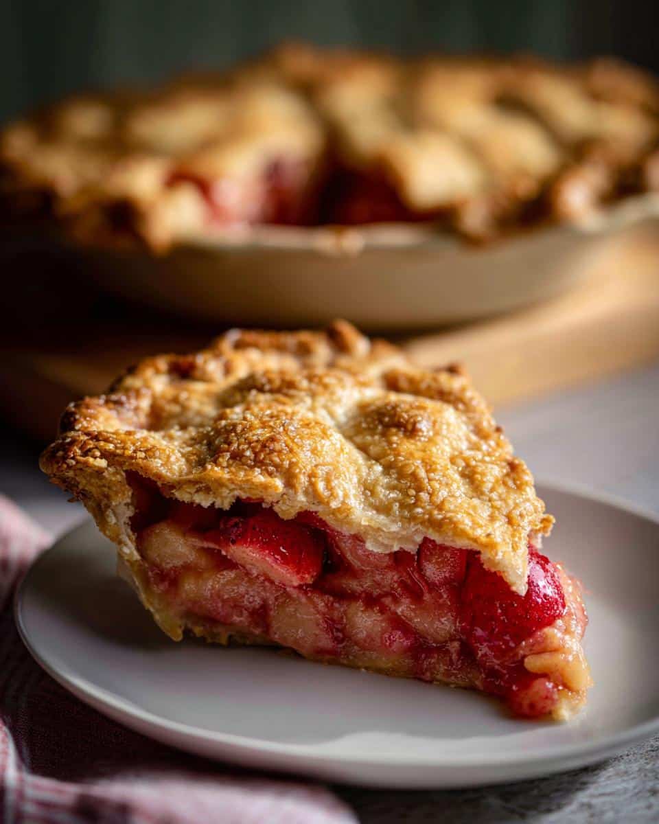 A slice of Betty Crocker rhubarb pie recipe with a flaky crust and juicy filling on a white plate.
