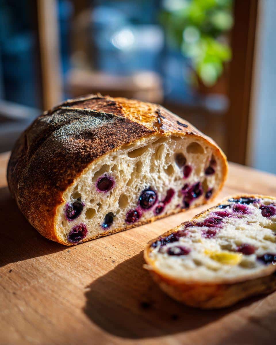 A sliced loaf of blueberry lemon sourdough bread on a wooden cutting board, showing the blueberries inside.