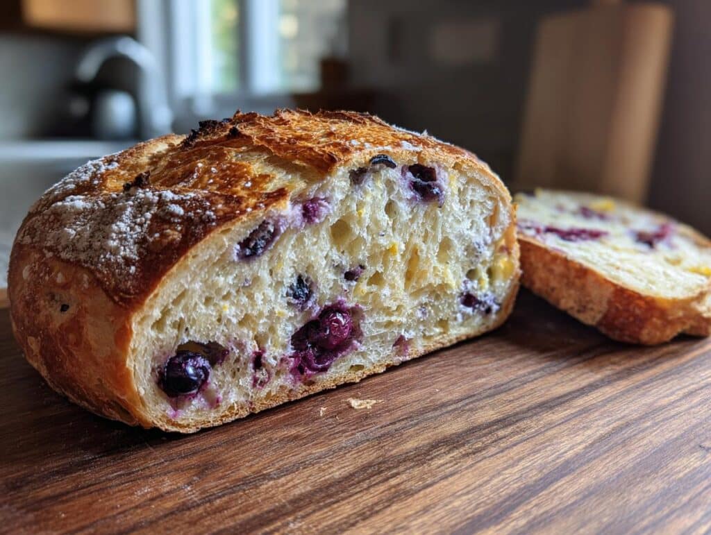 A sliced loaf of blueberry lemon sourdough bread on a wooden board, showcasing the blueberries and lemon zest.