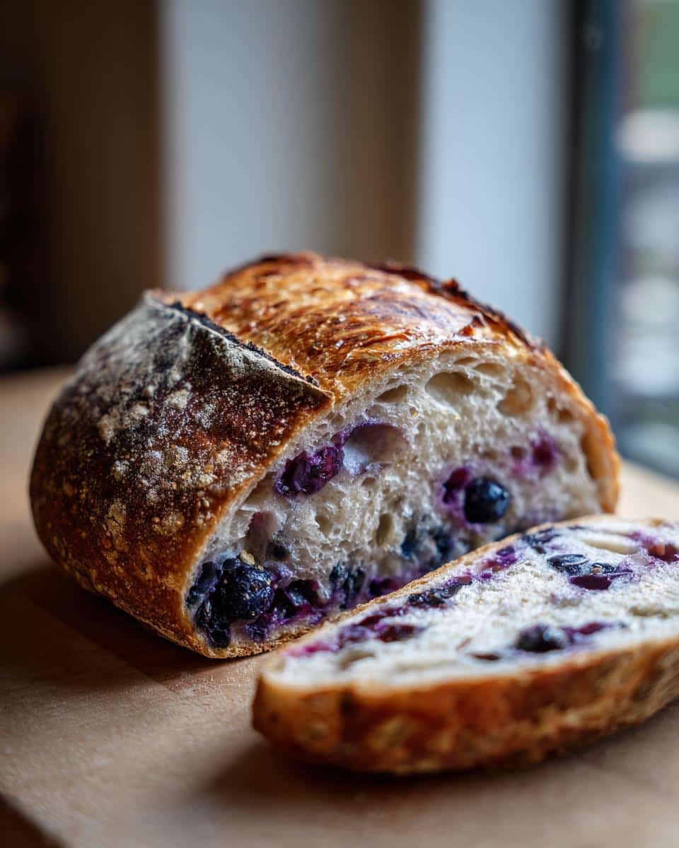 A sliced loaf of blueberry lemon sourdough bread shows the blueberries speckled throughout the soft interior.