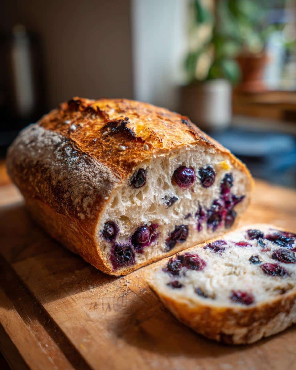 A loaf of blueberry lemon sourdough bread with a slice cut, showing blueberries throughout the crumb.