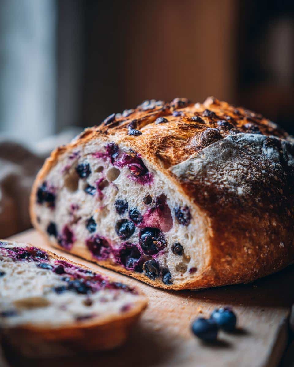 Close-up of a sliced loaf of blueberry lemon sourdough bread on a wooden board, showing the blueberries inside.