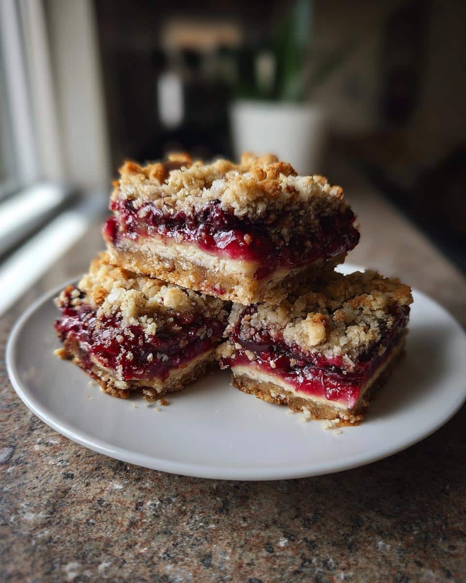 A stack of three delicious blueberry rhubarb crumble bars on a white plate.