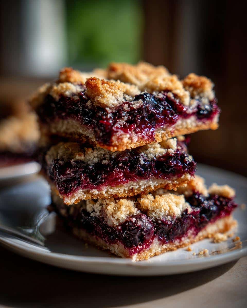 A stack of three blueberry rhubarb crumble bars on a white plate, showcasing the fruit filling and crumb topping.