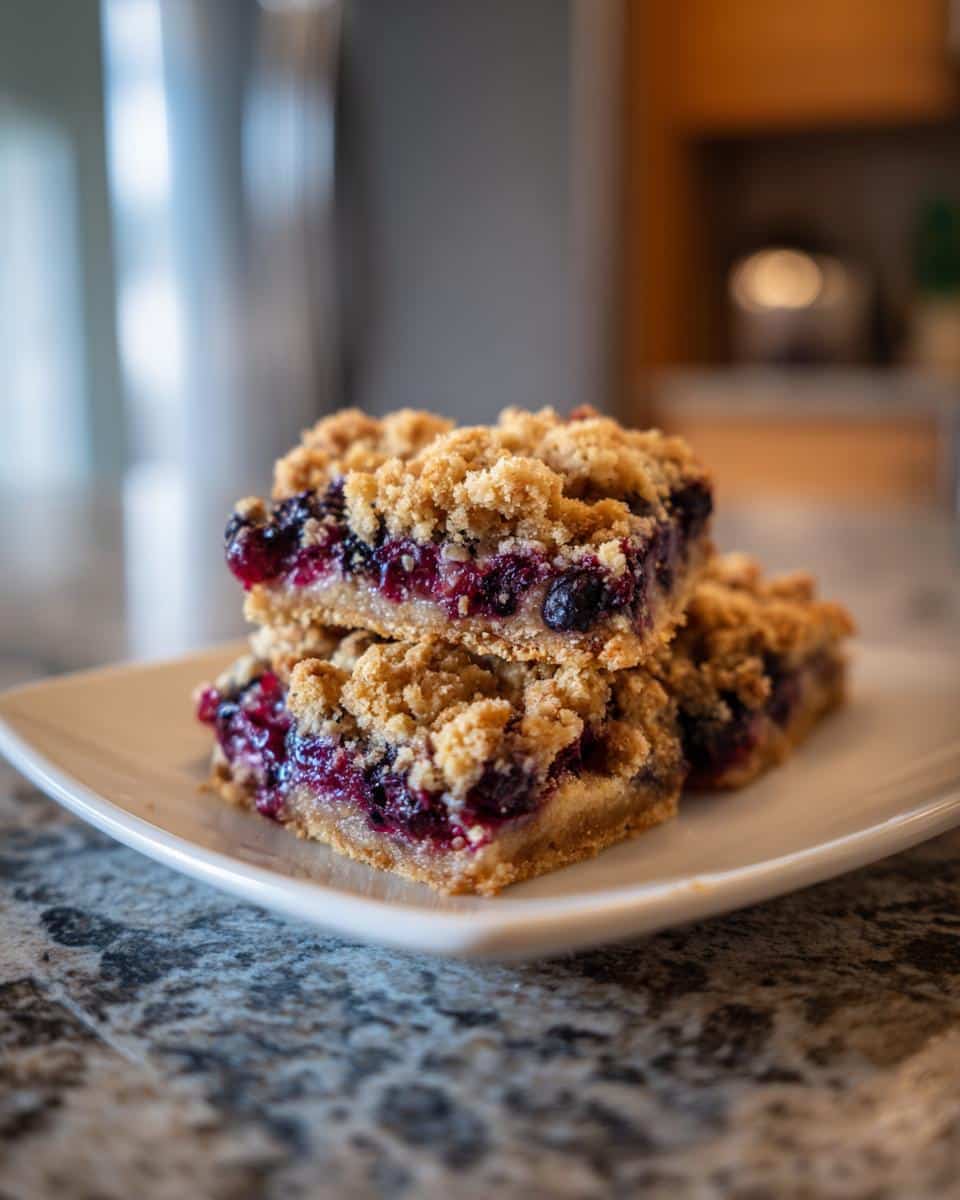 A stack of delicious blueberry rhubarb crumble bars on a white plate, showcasing the layers of fruit and crumble topping.