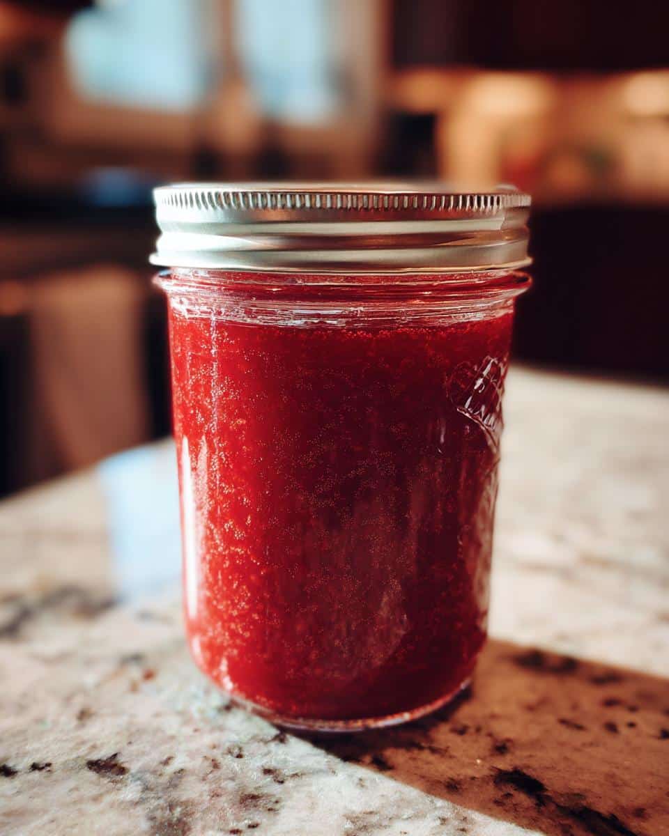 A sealed jar filled with homemade blueberry rhubarb freezer jam, showcasing its vibrant color and texture.
