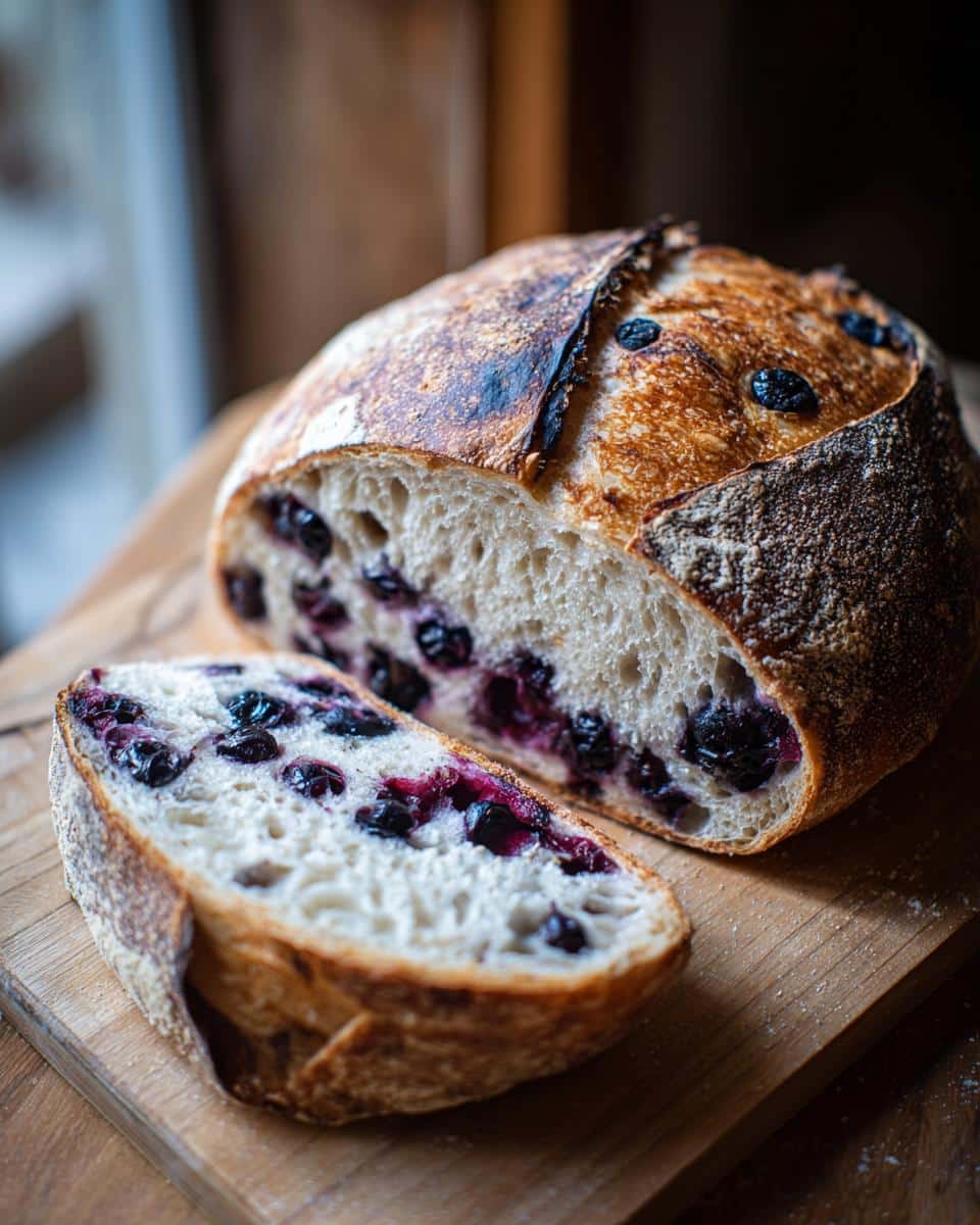 A sliced loaf of blueberry sourdough bread on a wooden board, showcasing the blueberries within the bread.