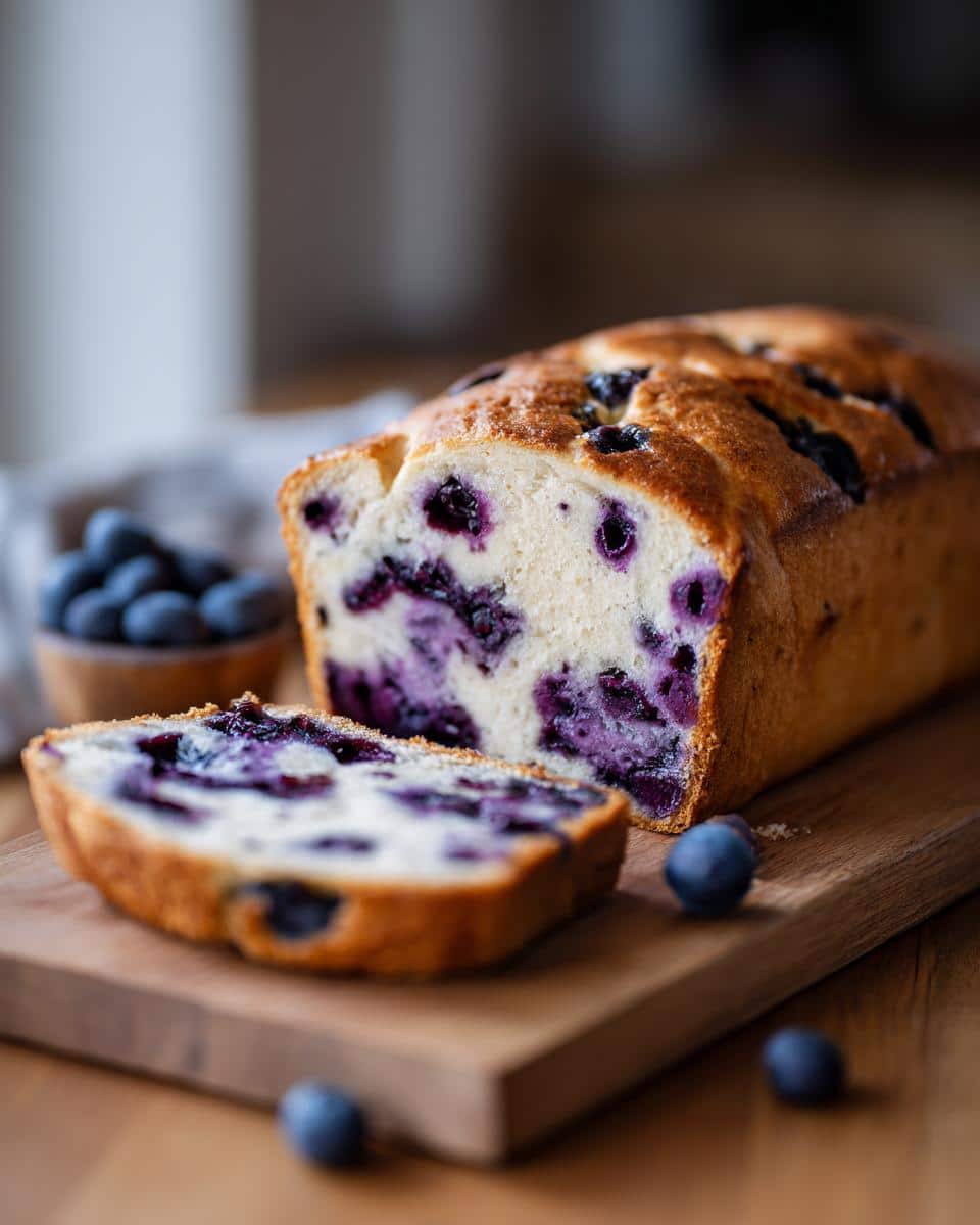 A loaf of blueberry sourdough bread with a slice cut, showcasing the blueberries inside. Served on a wooden board.