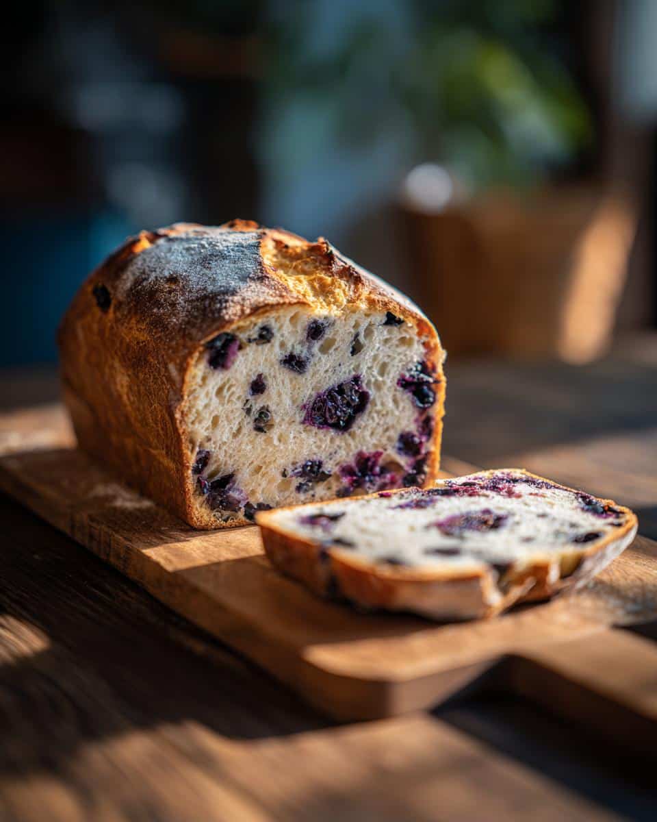 A loaf of blueberry sourdough bread with a slice cut, showing the blueberries inside the bread.