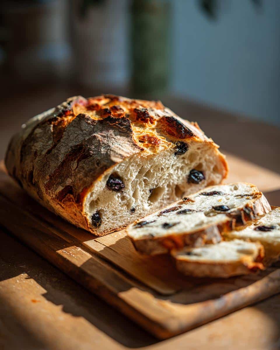 Close-up of sliced blueberry sourdough bread on a wooden cutting board, showing the texture and blueberries.