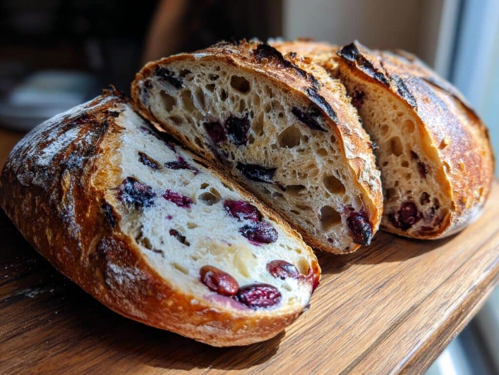 Close-up of sliced blueberry sourdough bread showing the crust and blueberry-studded crumb.