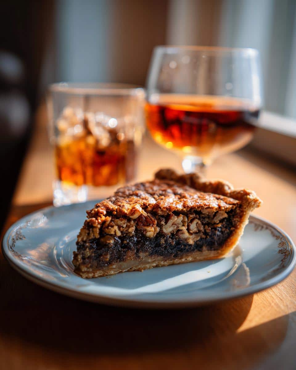 A slice of bourbon pecan pie on a plate, next to glasses of bourbon, perfect for a Kentucky Derby party.