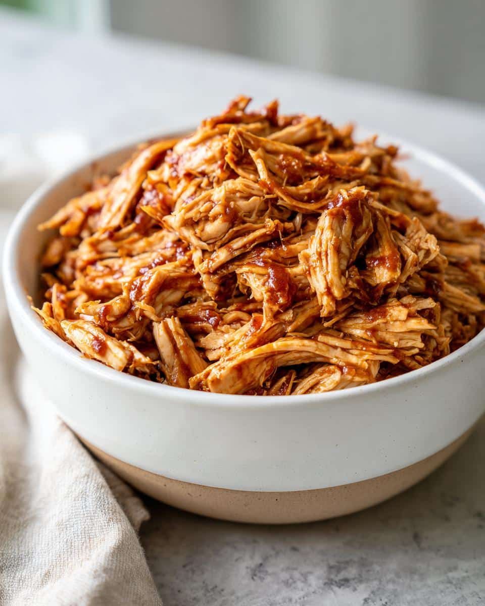 A white bowl filled with shredded chicken coated in a dark sauce, a recipe for crockpot chicken recipes.