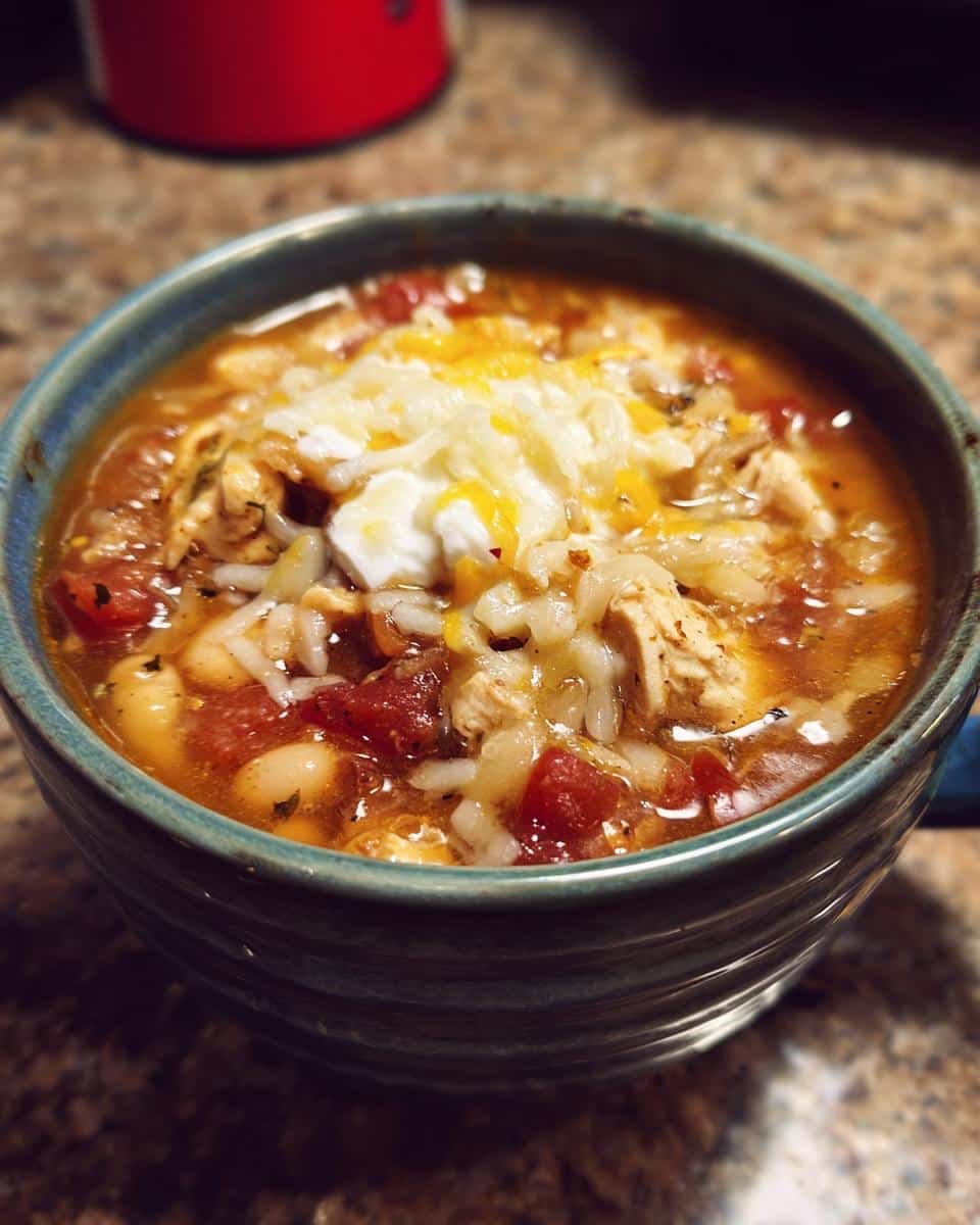 A close-up of a bowl of white chicken chili, topped with cheese and sour cream.