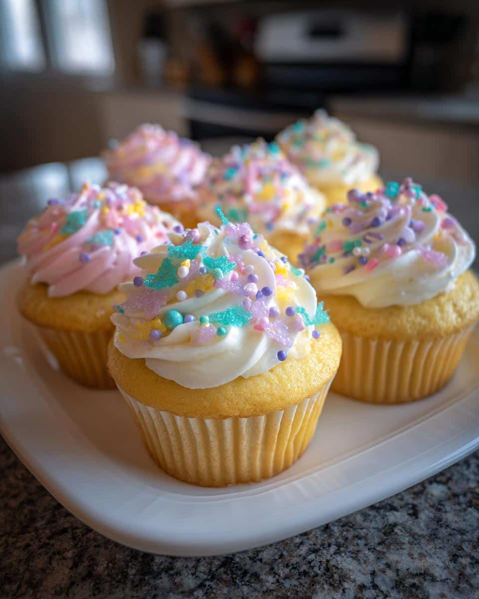 Close-up of bridal shower cupcakes with white and pink frosting, decorated with colorful pastel sprinkles.