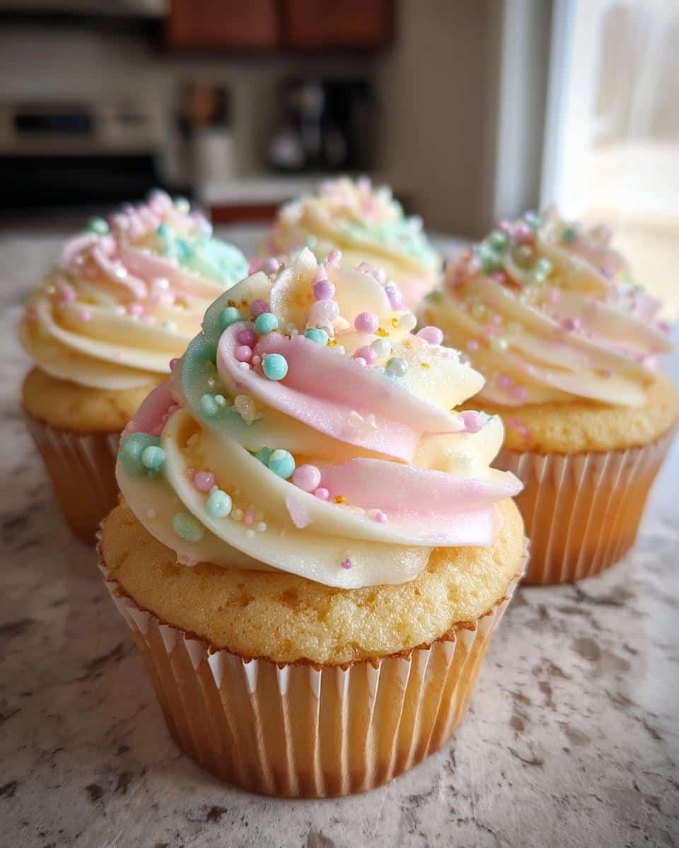 Close-up of decorated bridal shower cupcakes with pastel-colored frosting and sprinkles. Perfect for a bridal shower celebration.