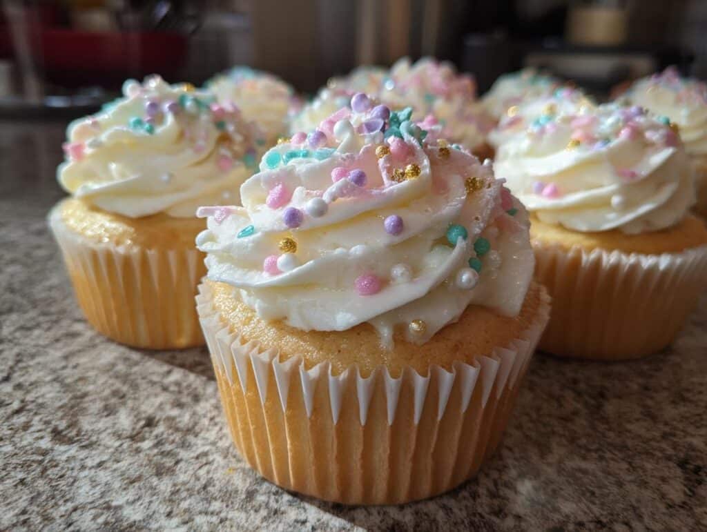 Close-up of several bridal shower cupcakes with white frosting and pastel sprinkles.