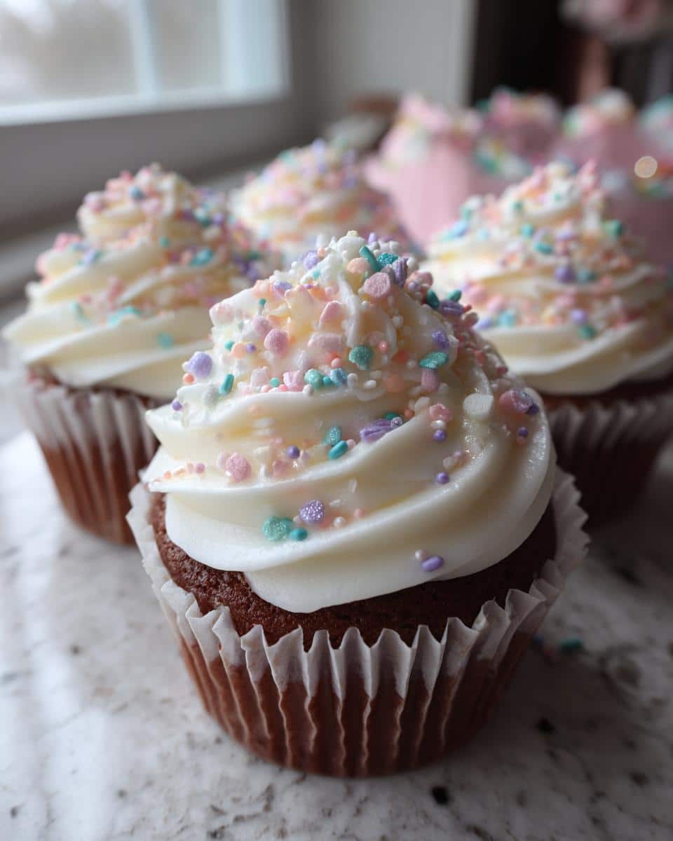Close-up of several bridal shower cupcakes with white frosting and pastel sprinkles.