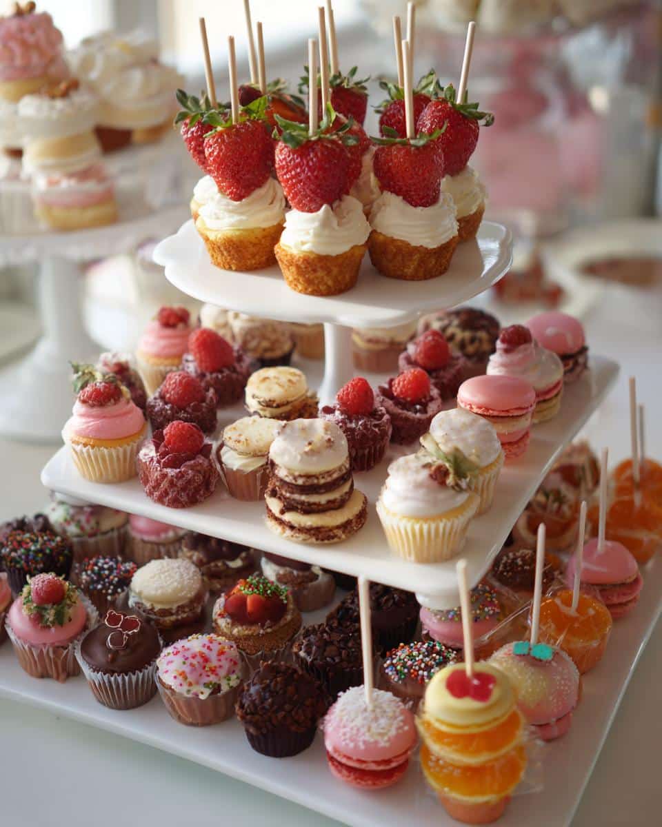 Tiered display of colorful bridal shower desserts, including cupcakes, macarons, and fruit skewers.