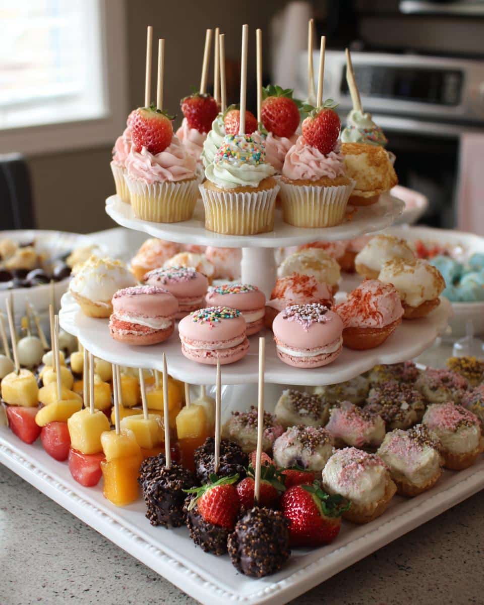 Three-tiered dessert stand featuring cupcakes, macarons, fruit skewers, and other treats for bridal shower desserts.