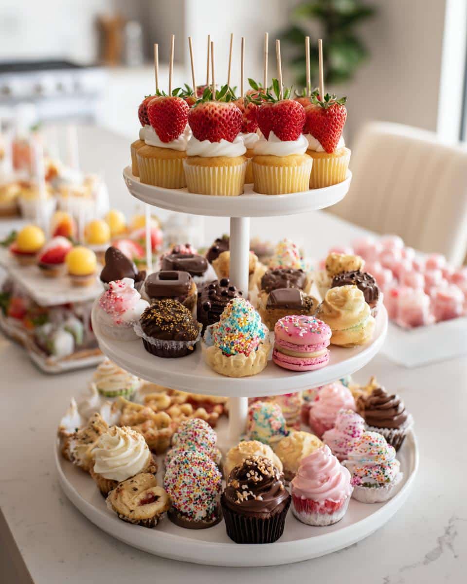 Three-tiered dessert stand featuring a variety of bridal shower desserts, including cupcakes, macarons, and mini pastries.