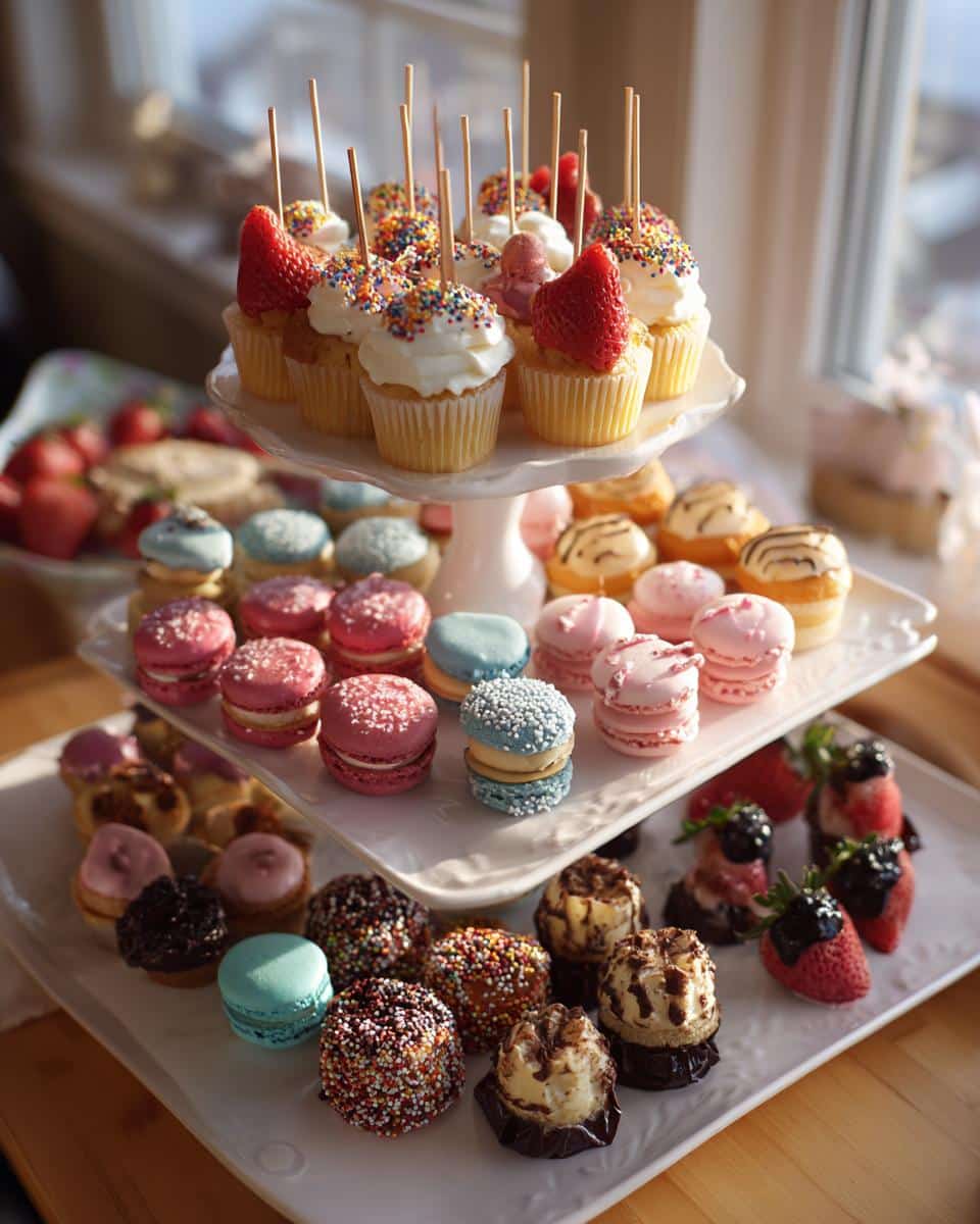 A tiered dessert stand featuring cupcakes, macarons, and other treats, perfect for bridal shower desserts.