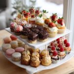 Two-tiered tray of bridal shower desserts, including cupcakes, macarons, and cake pops, beautifully decorated.
