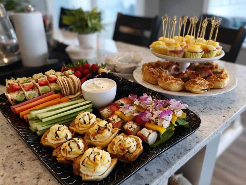 A beautiful platter of bridal shower food, including mini sandwiches, fruit, vegetables, and appetizers.