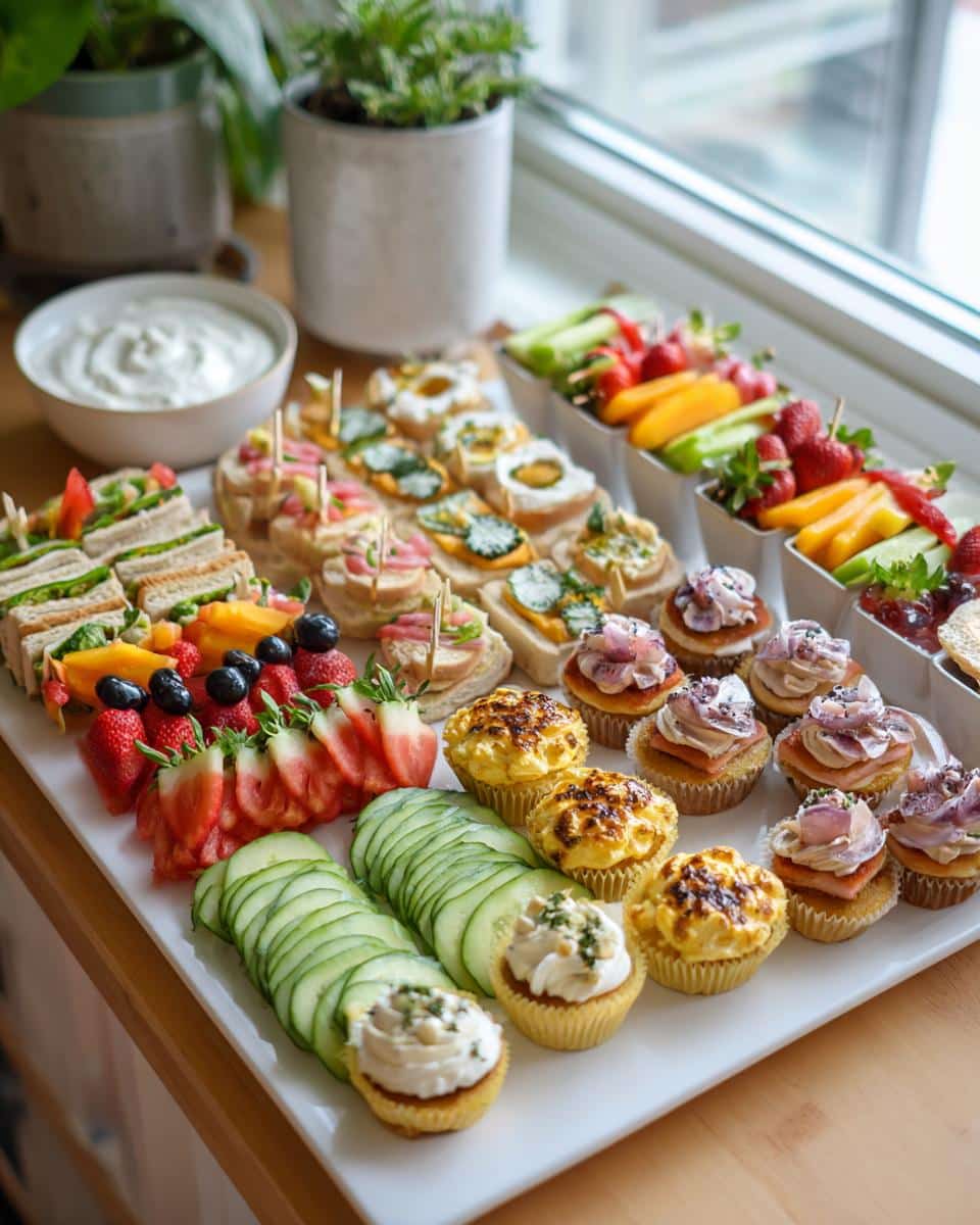 A colorful platter of bridal shower food featuring sandwiches, fruit, canapés, and cupcakes.
