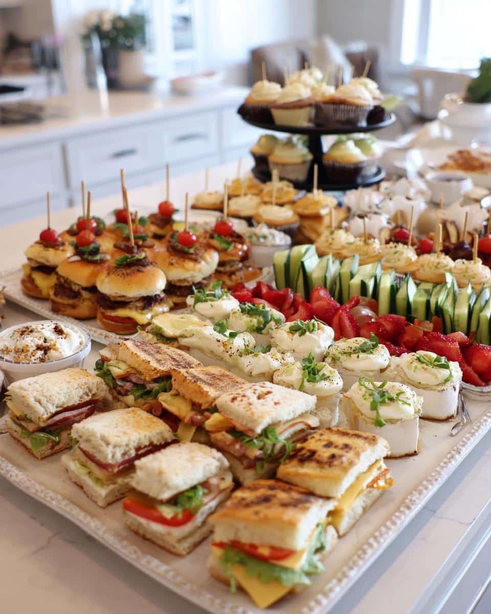 A beautifully arranged platter of bridal shower food, including mini sandwiches, sliders, cupcakes, and fresh fruit.
